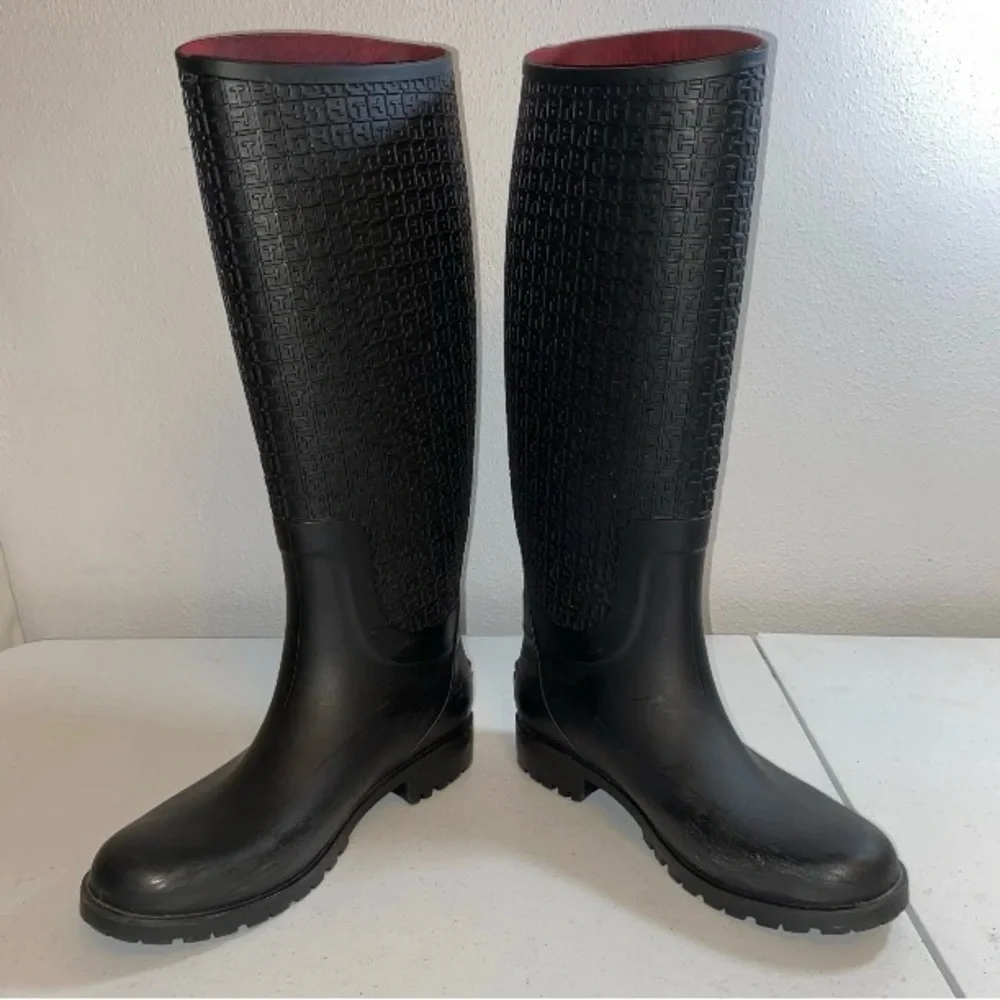 Tommy Hilfiger Black Women's Rain Boots‎ Textured Monogram READ